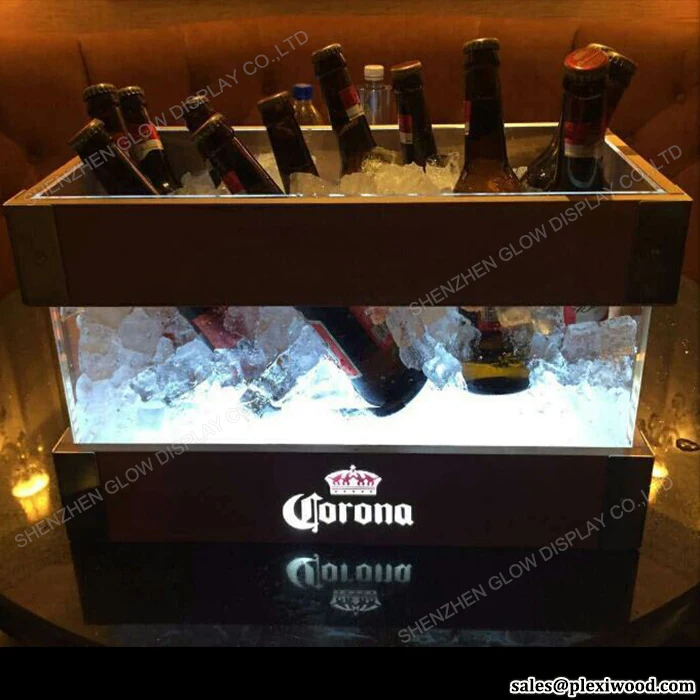 LED Lighted Acrylic Wood Corona Extra Light Beer Ice Bucket with Metal Corners
