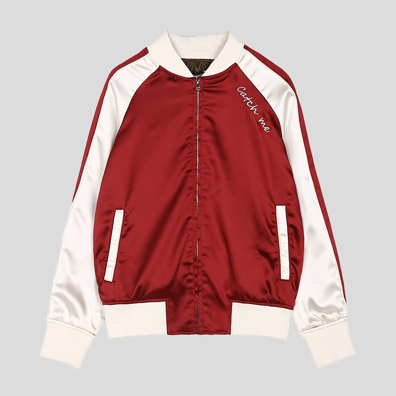 Oversized Embroidery Black Satin Women Jacket