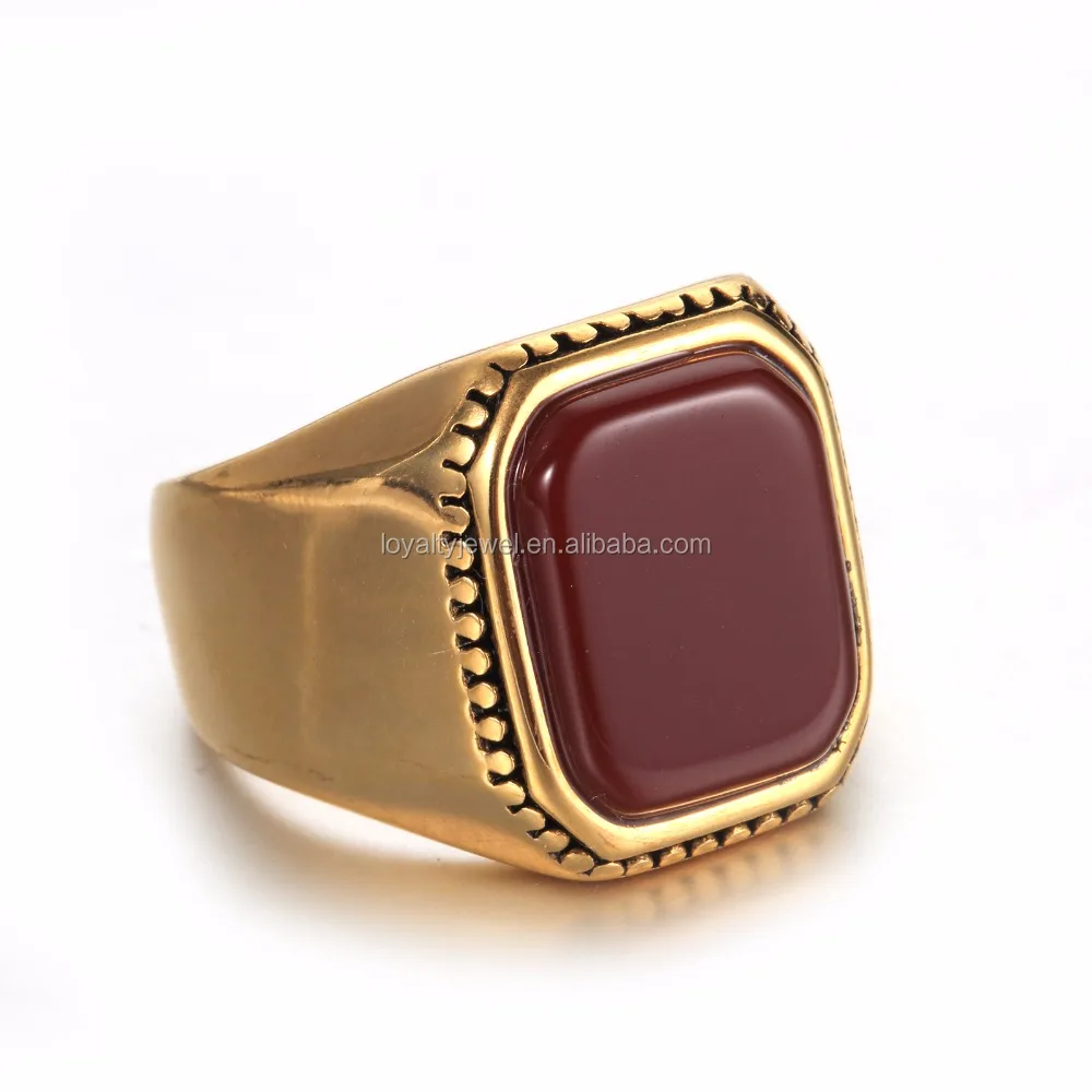 NEW Retro Men gold plated square green and red stone ring