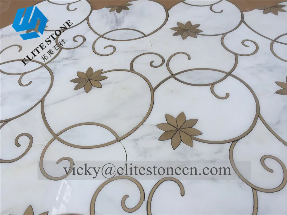 carrara white marble water jet mosaic gold metal brass inlay luxury wall tile