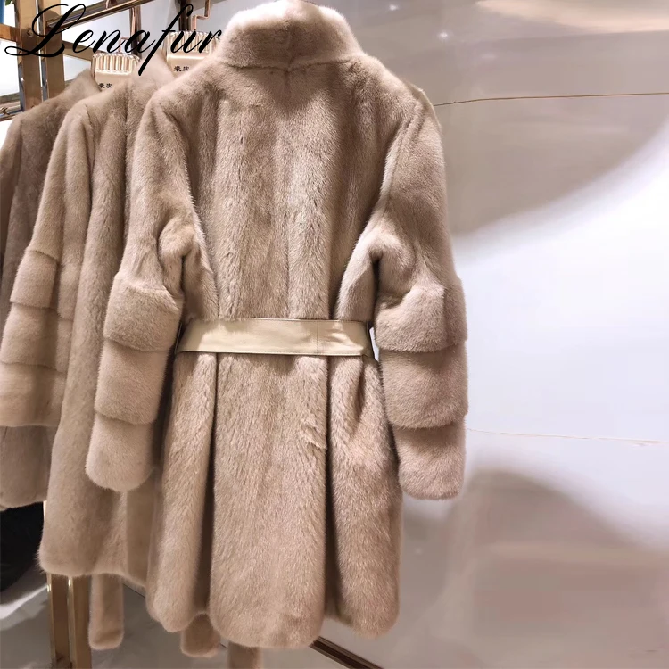 China Factory Wholesale Women Winter Grey Natural Long Luxury High Quality Imported Full Real Mink Fur Jacket Coat with Belt