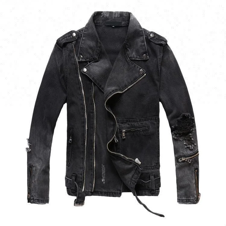 D&S factory dropshipping high street men black cool denim jacket belted distressed zipper jean jacket
