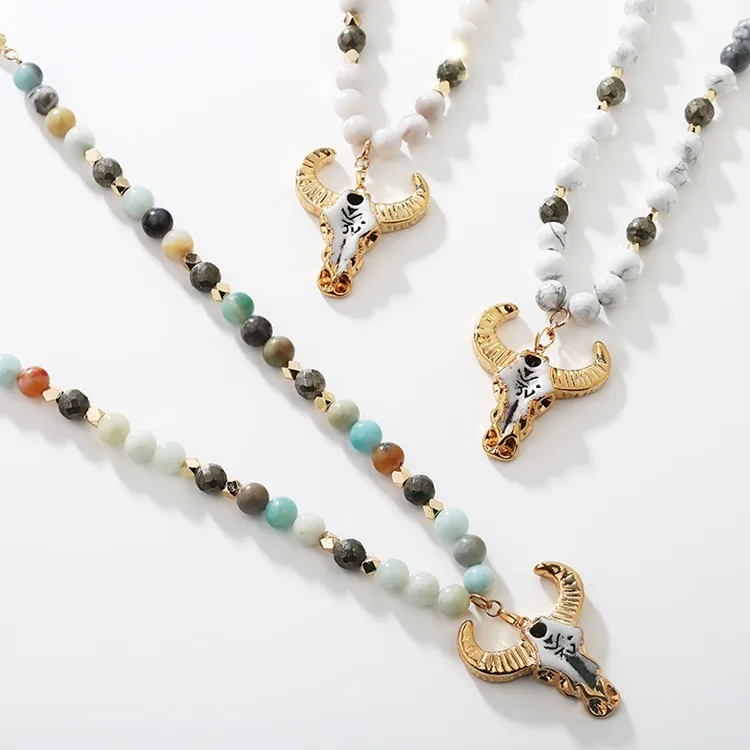 Factory Direct Sales Bull Head Pendant Amazonite  Beaded Men Necklace