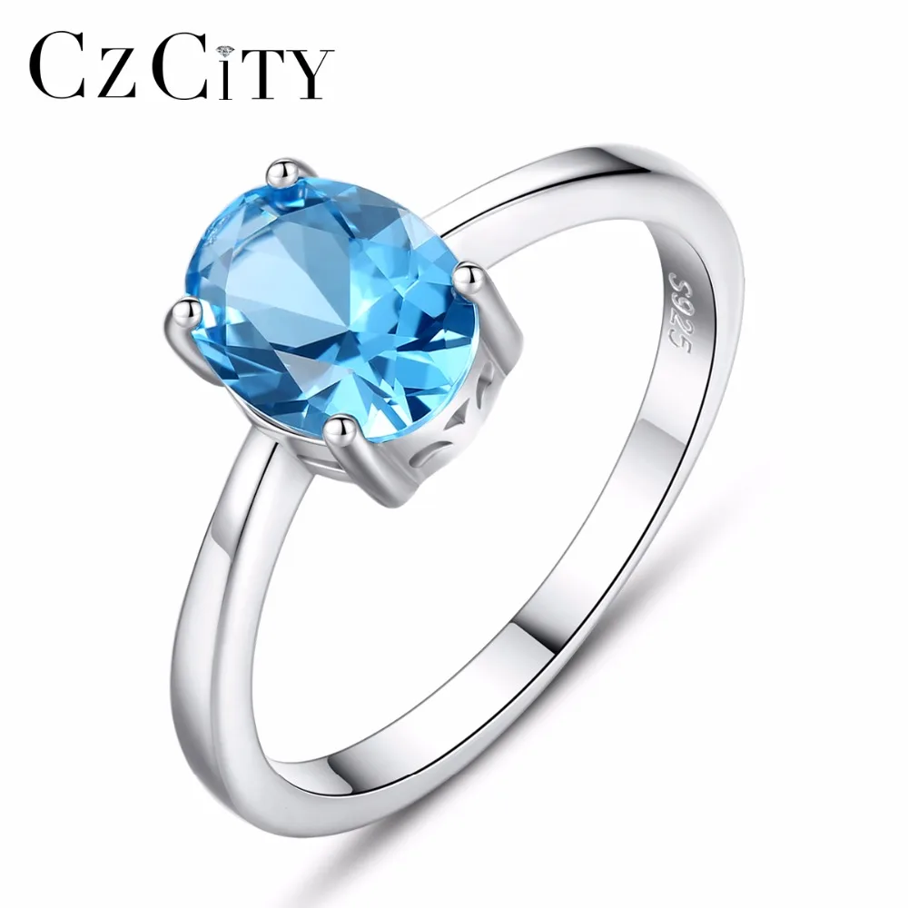 CZCITY Oval Color Sky Blue Menmade Topaz Stud Earrings Women Genuine 925 Sterling Silver Fine Jewelry Ring