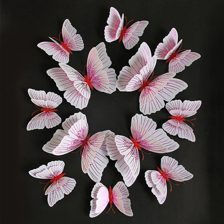 Realistic PVC 12 Pieces double wings 3d butterfly stickers for home decoration and wedding decoration