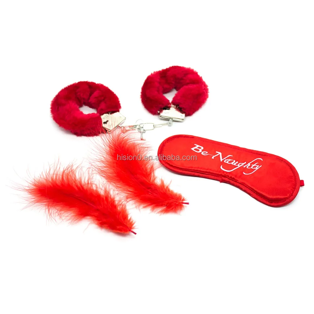 Red 3pc Bondage Kit Including Fur Handcuffs/Feather Tickler/Satin Eye Mask