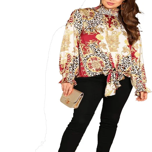 
2019 Fashion Apparel Plus Size Shirred Panel Chain Print Ruffle Cuff Blouse 