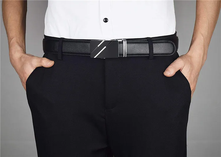 Custom Made Mens Black Cow Genuine Leather Ratchet Sliding Automatic Auto Lock Buckle Belt