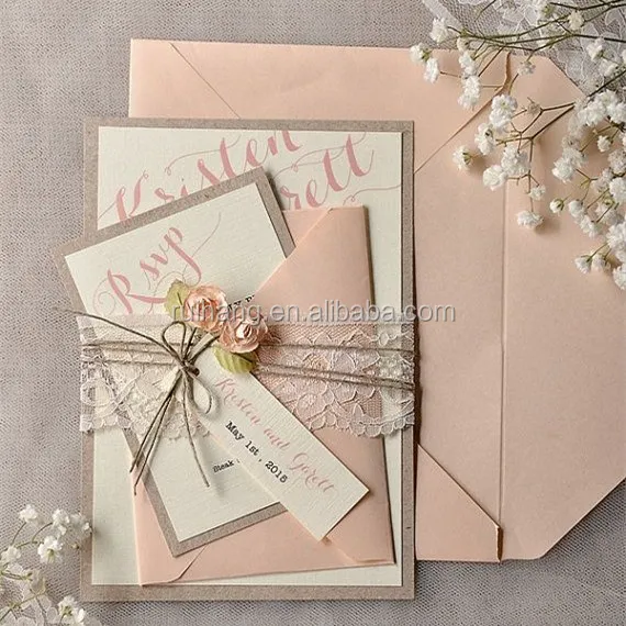 vintage peach paper fancy rose flower with lace and label weding invitations card