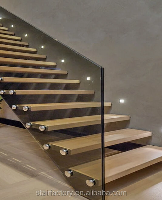 floating stair solid wood treads floating stair Glass balustrades and wood treads floating staircase TS-302