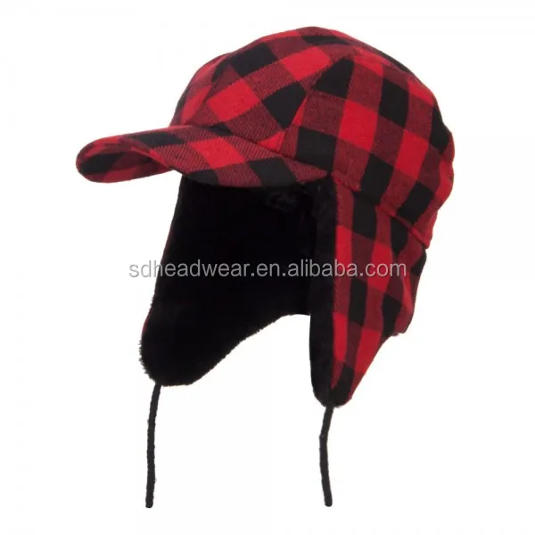 ear flap winter hats with strings and earflap red plaid woolen hat