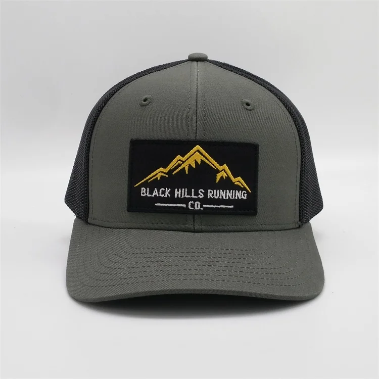 Wholesale Oem Customised Logo High Quality 6 Panel Blank Mesh Snap Back Grey 112 Trucker Caps Hat With Embroidery Patch