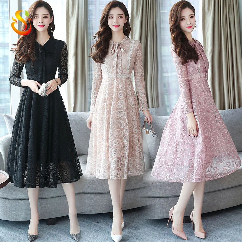 Lace hook flower openwork dress lady small fragrance in the long section autumn and winter long sleeves slim temperament skirt