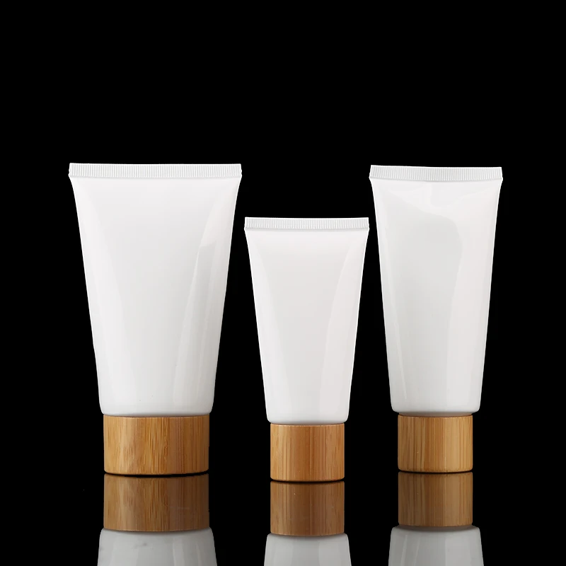 Empty cosmetic plastic soft squeeze tube with bamboo lid cleanser toothpaste container packaging