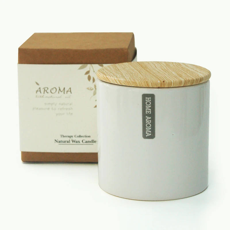 China Factory Spray white candle holder With Wood Finished Ceramic Lid