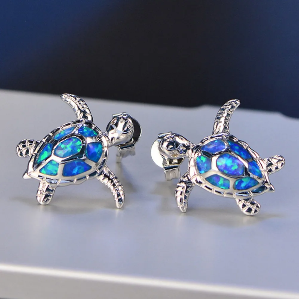 
Australia Blue/Green Fire Opal Sea Turtle Stud Earrings 925 Sterling Silver/Brass Birthstone Jewelry Gift 