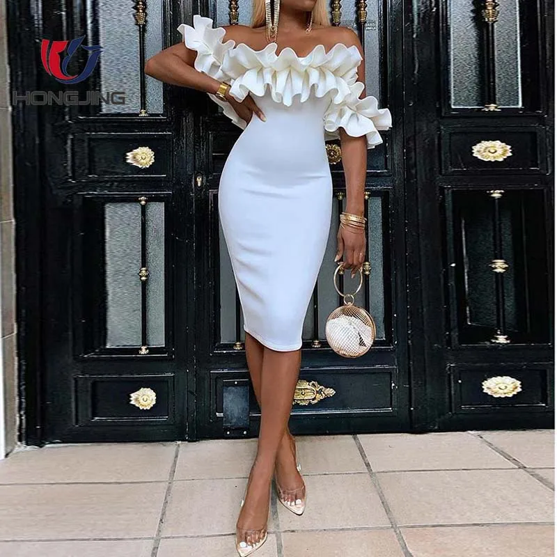 Women Off Shoulder Ruched Design Bodycon DressShort Sleeve ruffles back zipper closure party wedding  banquet cocktail dresses