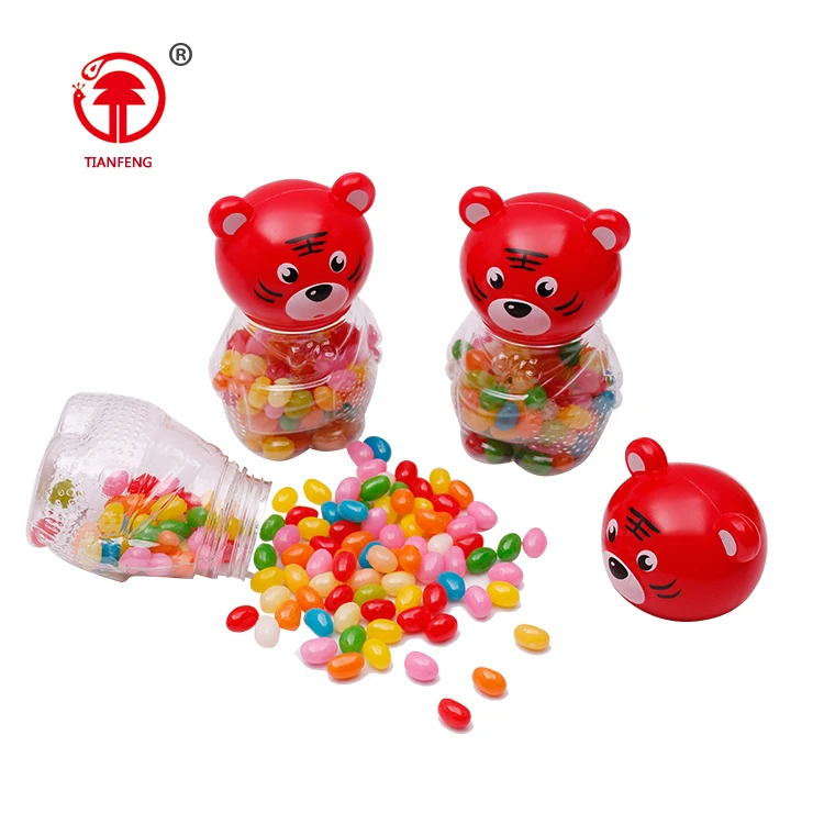 Promotional china candies jelly beans tiger shaped candy and jelly sweet gummy jelly beans bottle packing