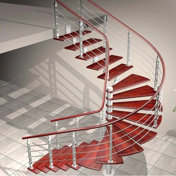 Indoor customized carved wood treads curved staircase with stainless steel railing