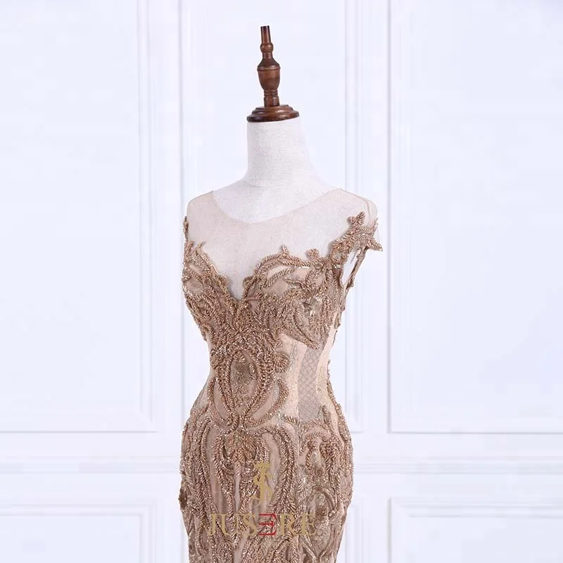 Sexy Mermaid  Gold Luxury Appliqued Beaded Lace Evening Dresses Middle East  In Turkey Dubai Prom Gown