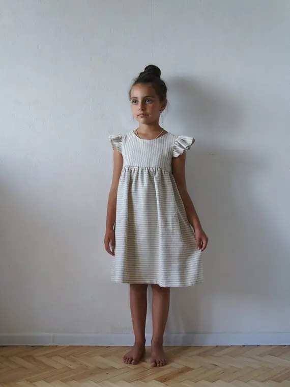 
Girl Summer Flutter Sleeve Dress Linen Tunic Dress White Grey Striped Baby Girls Party Wear Ruffle Princess Dress 