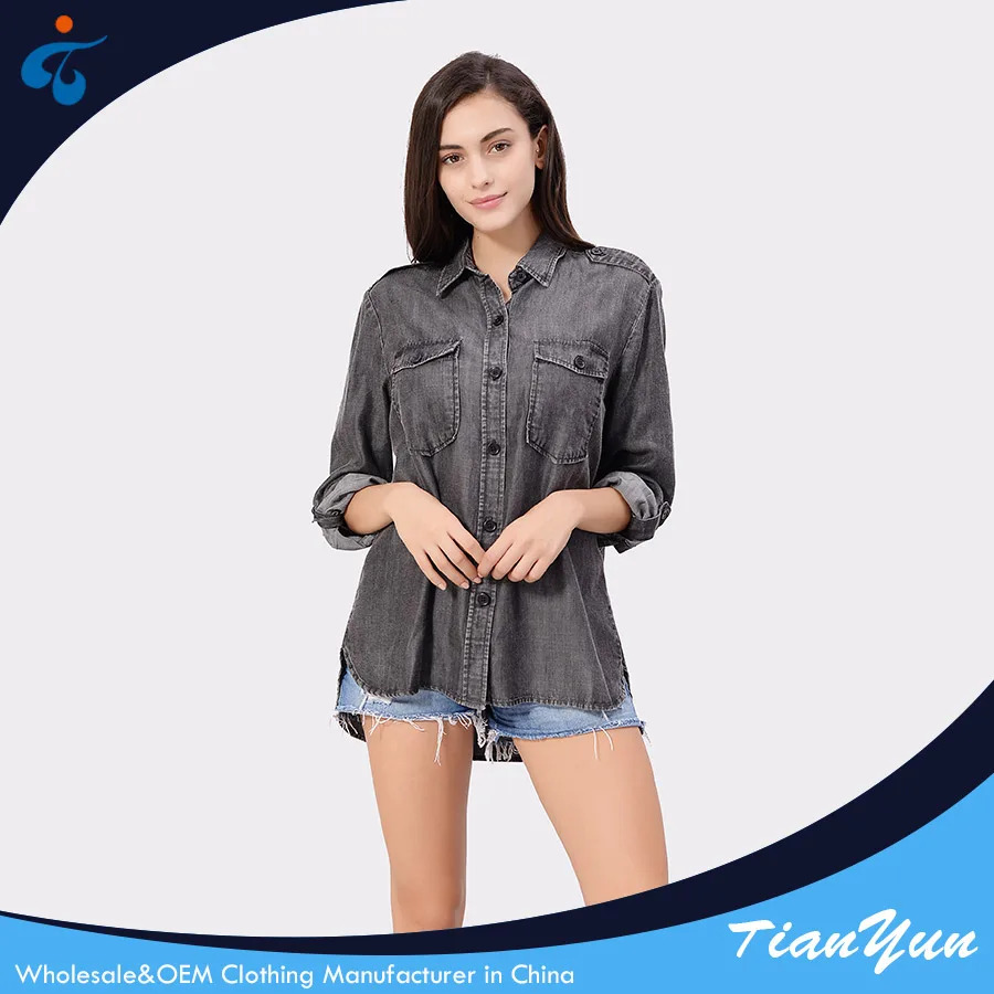 Different kinds of good selling professional casual denim cheap lady blouse