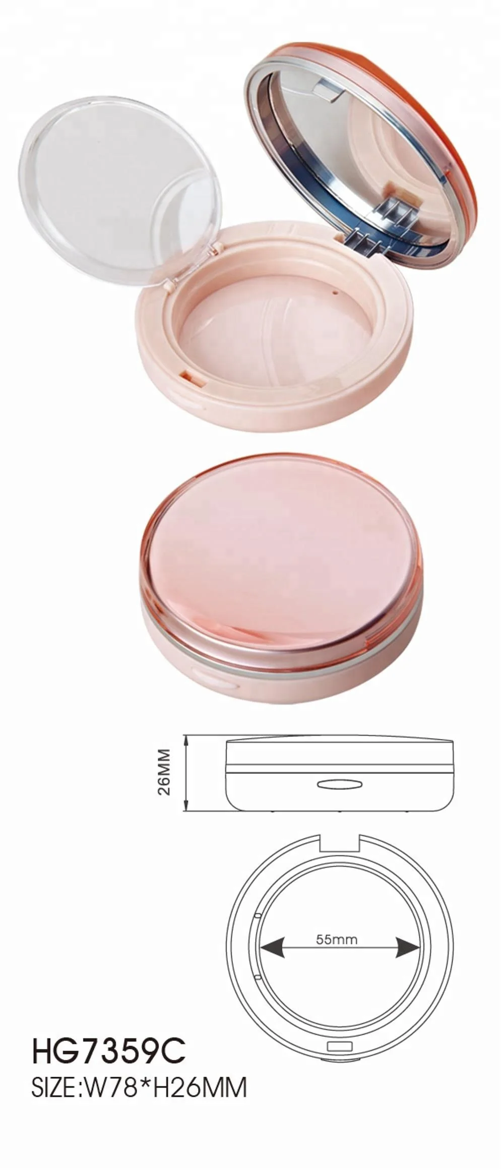 luxury pink cosmetics empty plastic powder compact case for makeup packaging