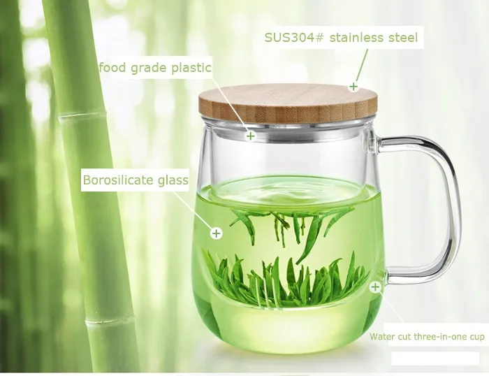 Samadoyo Clear Glass Natural Bamboo Lid Tea Cup Heat-Resisting Tea Mug Glass Infuser Tea Cups with Filter