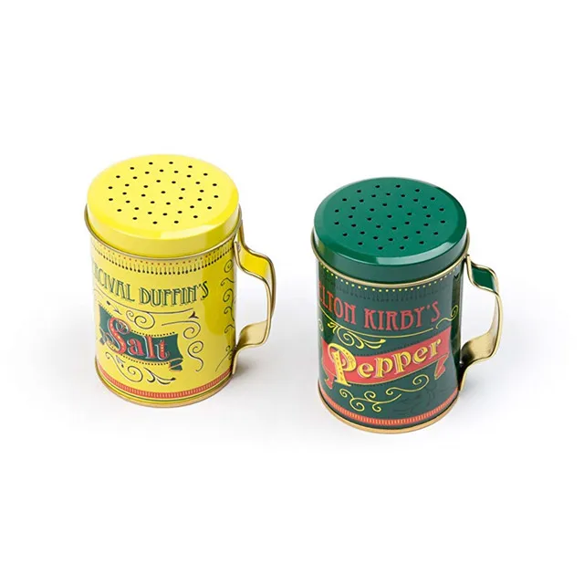 Custom printing round metal funny salt pepper shaker with handle round tin box For packaging Metal Cans
