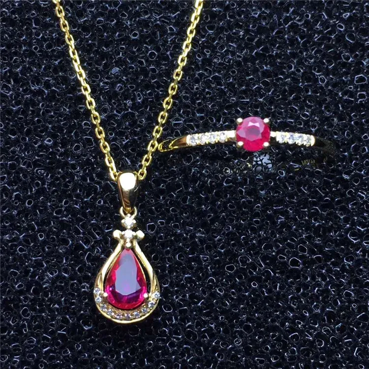 18k gold South Africa real diamond natural red ruby pendant necklace ring jewelry set for women