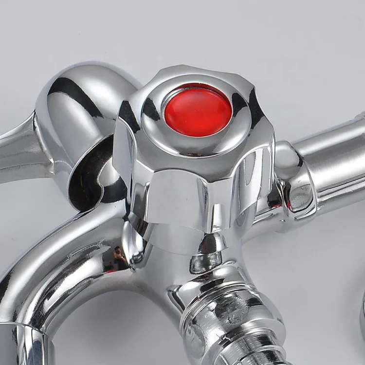 Double Head 1 In 2 Out Two Way Dual Handle Wall Water Tap Faucet