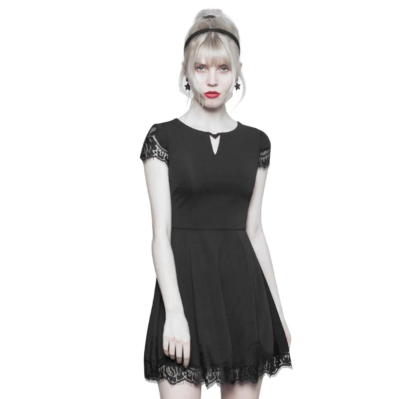 
Goth Women Dress O Neck Short Sleeve Lace Stitching Black Mini Casual Dresses OPQ-349LQF Ladies Clothing New Design PUNK RAVE 