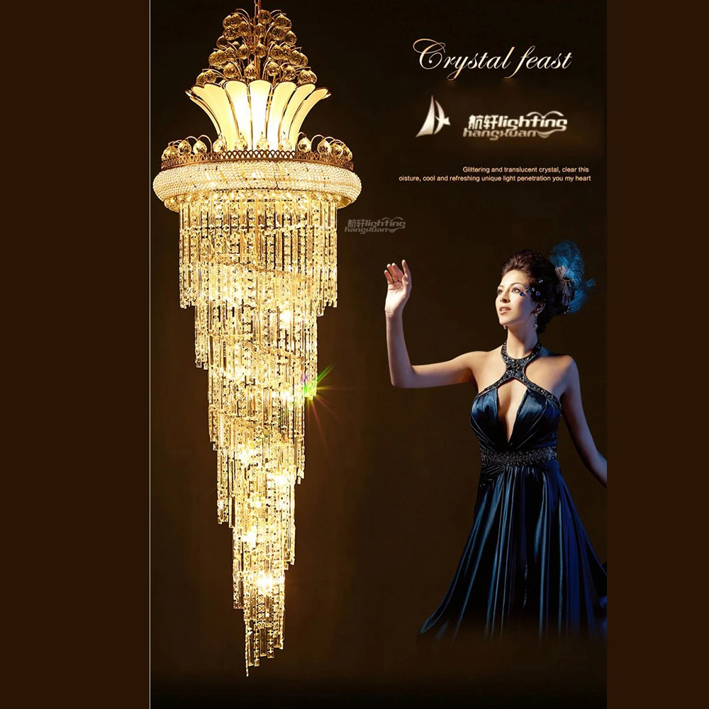 Modern staircase gold finish crystal chandelier indoor lighting with  long crystal chandelier for hotel flat