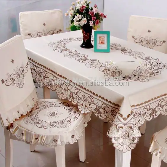 polyester embroidered tablecloth set with hand cutwork