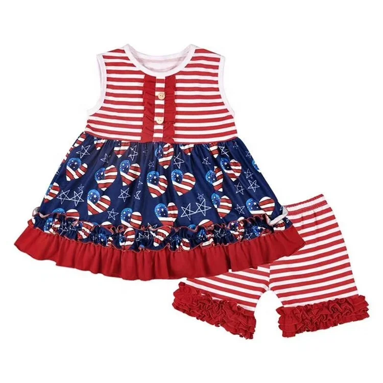 Hot Kids Clothes Girls boutique clothing summer 4th of July Wear Stars and Stripes Ruffle Swing Top Bloomer shorts Set