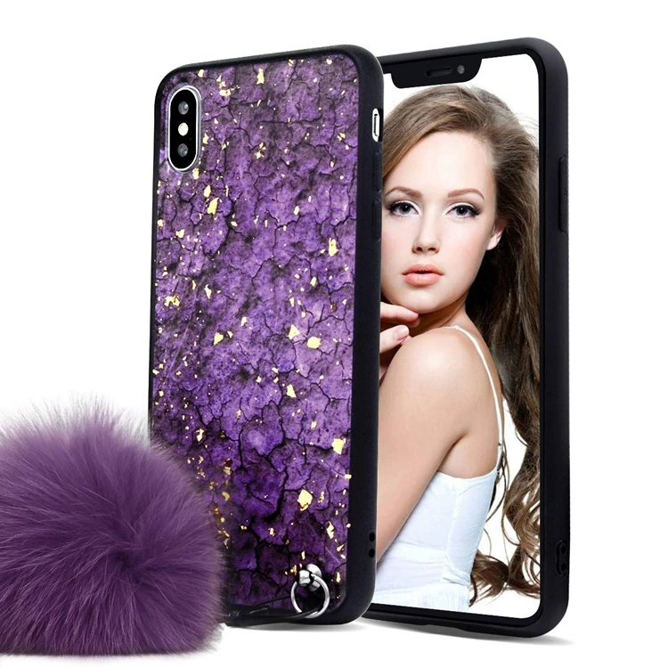 HOCAYU Purple Luxury Girly Rabbit Fur Pom Pom Phone Case For Iphone Xs Max