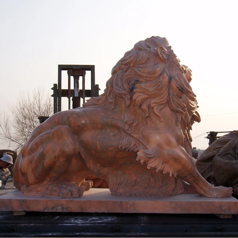Life size sunset red marble carved garden stone lion sculpture for outdoor gate decoration