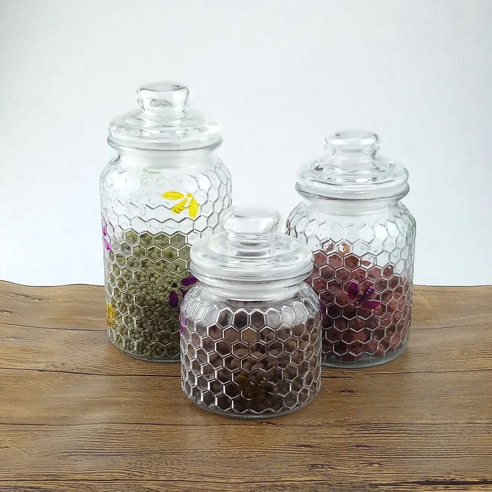 
Clear glass storage jars with glass gasket lids 