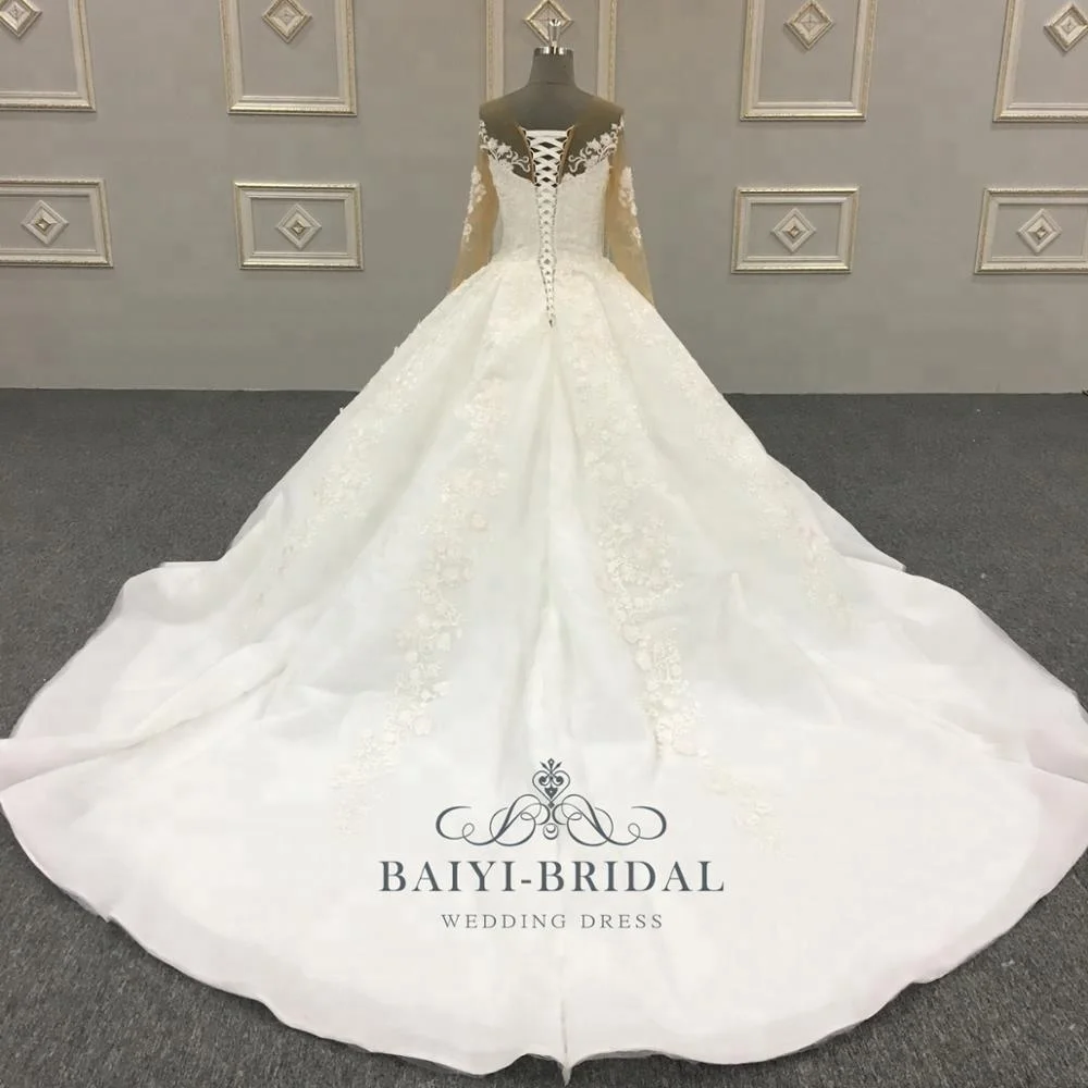 Ivory High Quality Appliqued Long Sleeves  Wedding Dress Ball Bridal Gown