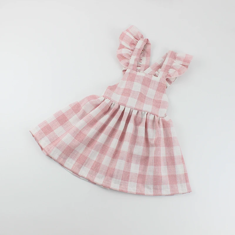 
Summer Backless Ruffle Pink Gingham Linen Pinafore Knee Length Baby Girls Party Dresses 