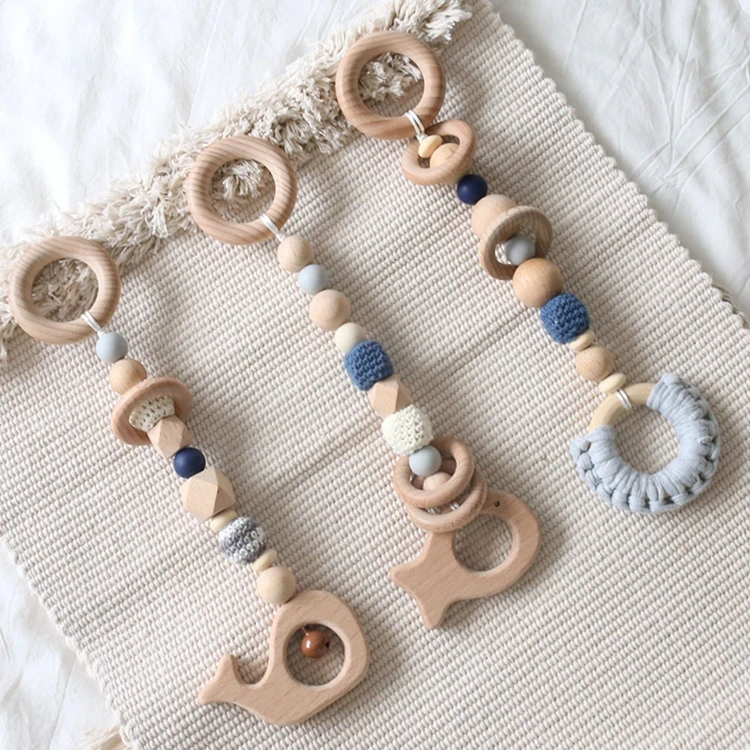 Organic Wooden Whale Fish Ring Silicone Crochet Beads Play Gym Hanging Toys Baby Teether