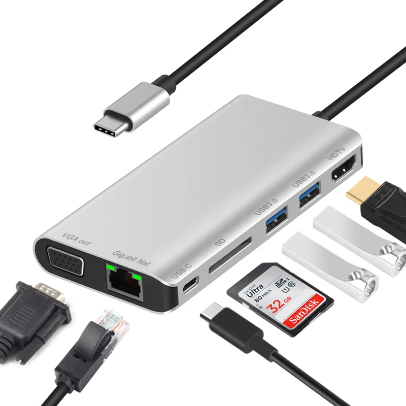  7 в 1 USB Type-C хаб адаптер кардридер для MAC OS/Windows/Android/Linus