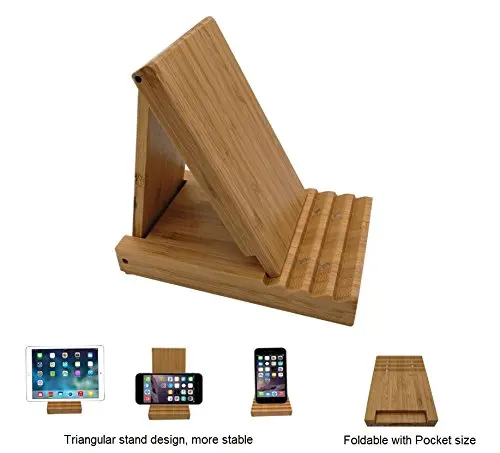 Bamboo Wood Cell Phone& Most Smartphones Android Station Tray Universal Foldable Multi-angle Desktop Stand Holder(14*9*2CM)
