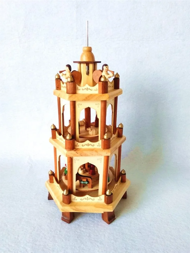 3 tier wooden German Christmas pyramid with tealight candle holders