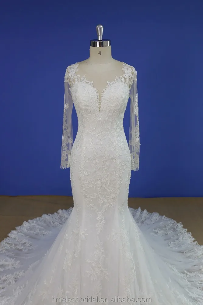 Illusion nude sheer lace top deep neckline mermaid wedding dress brush train