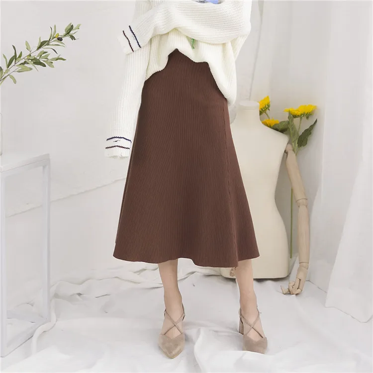 
ZH0116X winter long pure color high waist elasticity women knit skirt 