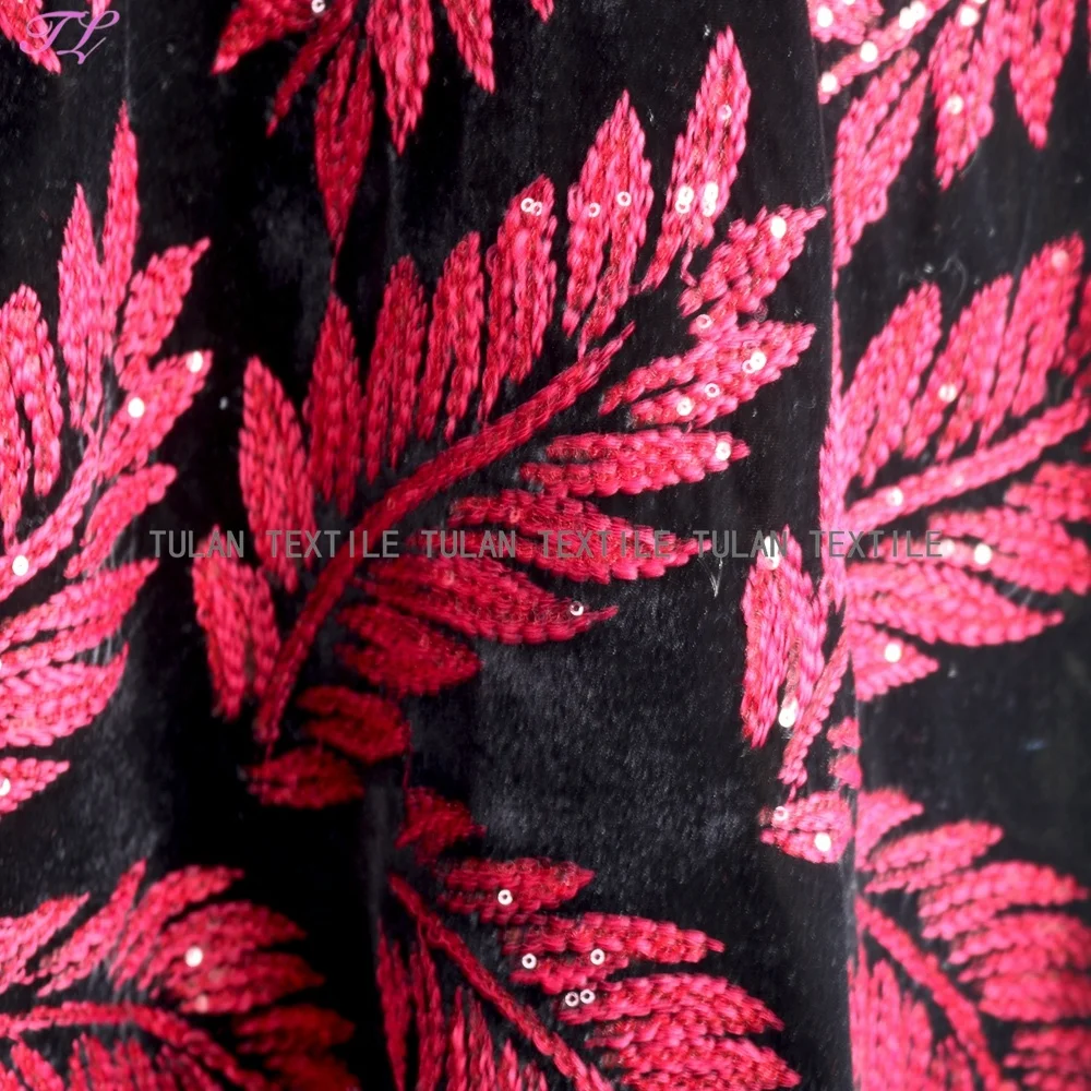 Red leaf sequin embroidery velvet fabric for garment dress and decoration