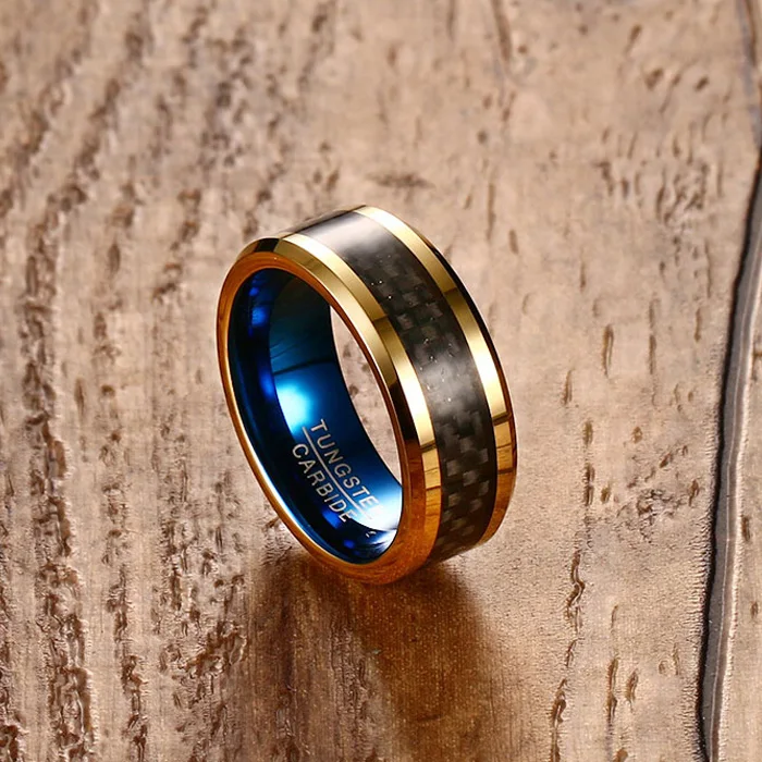 manufacture  High Quality 8mm ring  wide ip gold plating carbon fiber material tungsten carbide