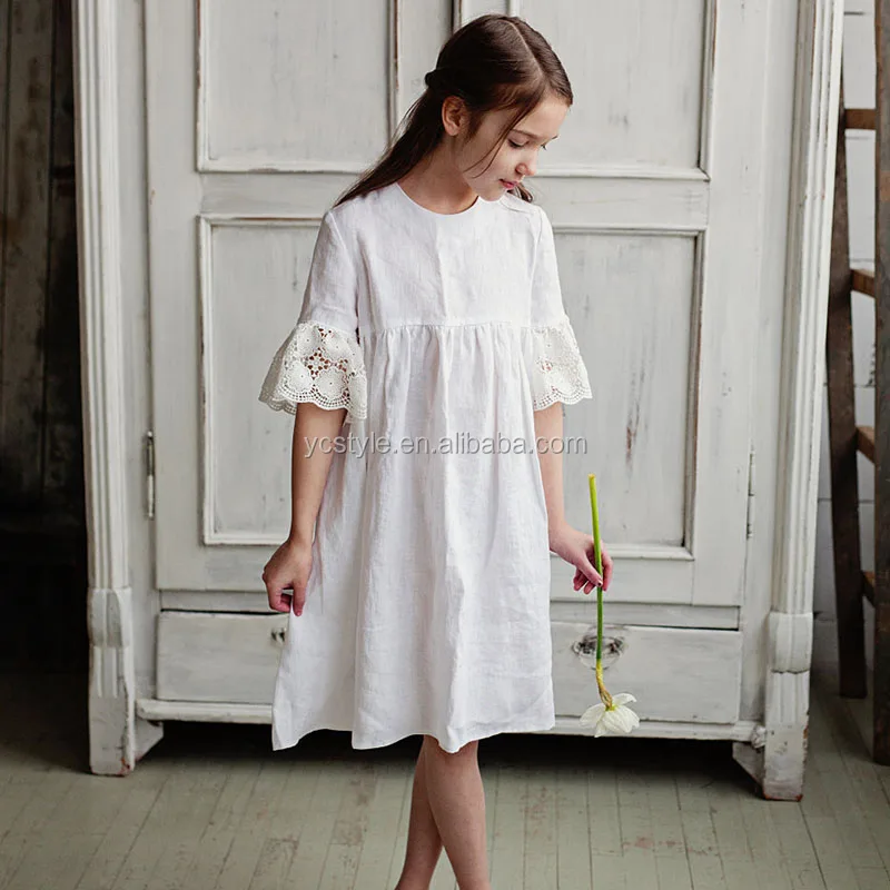 white linen flower girl dress,Wholesale high quality boutique babtism girl outfit, Summer linen dress for wedding girl dress