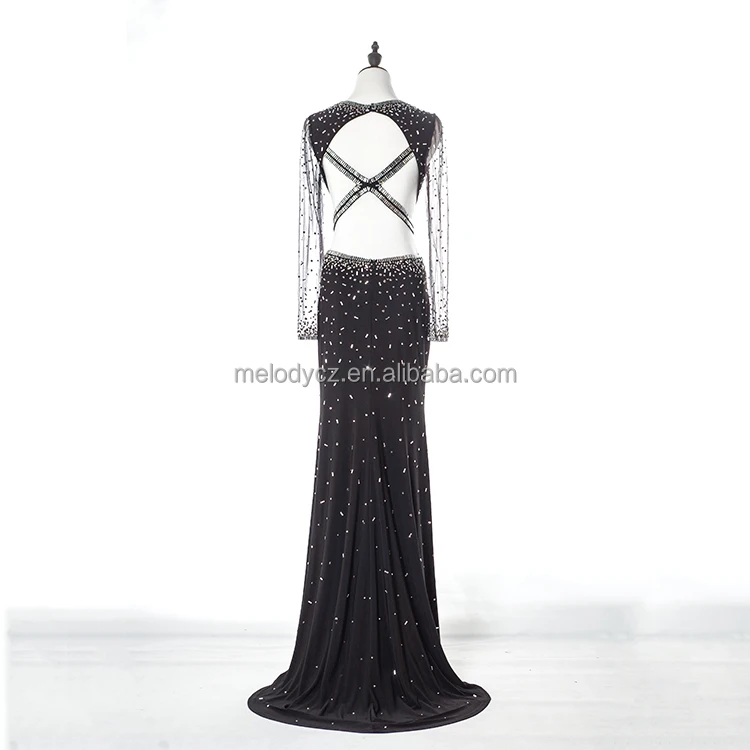 Elegant sexy black long tulle apparel fashion beaded dubai evening dress for ladies